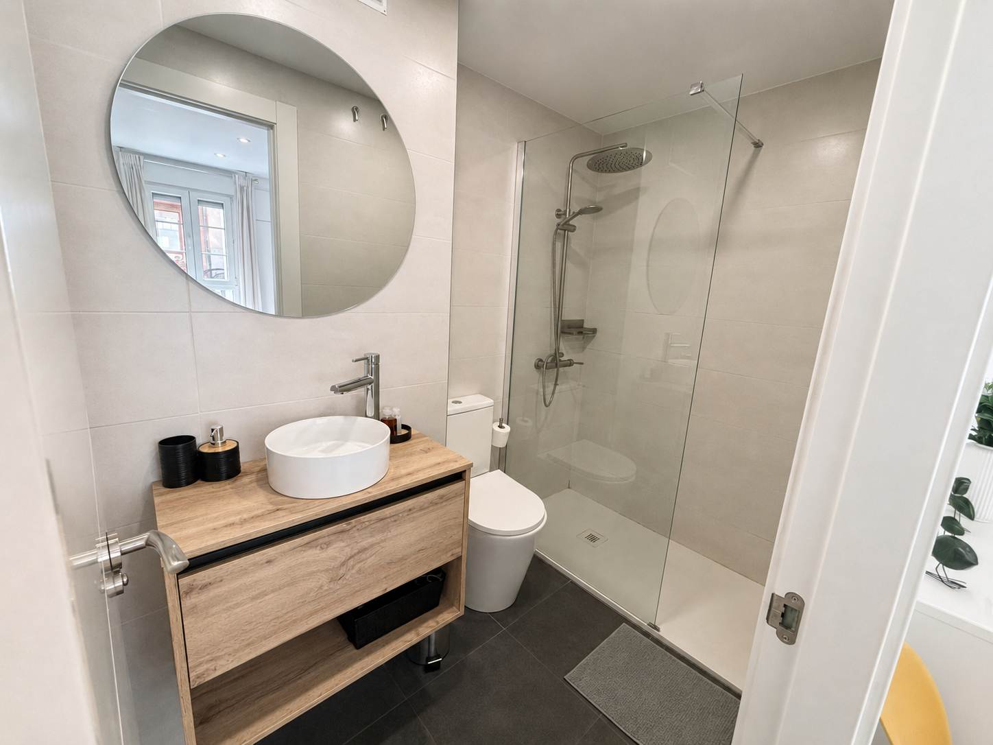 Renovated bathroom with walk-in shower